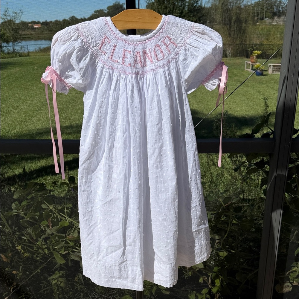 Eleanor White and Pink Smocked Kids Formal Dress
